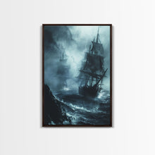 Carregar imagem no visualizador da galeria, Ghost Ship in Storm Halloween Art, Spooky Maritime, Haunted Ocean, Creepy Seascape, Stormy Night, Framed Canvas Print
