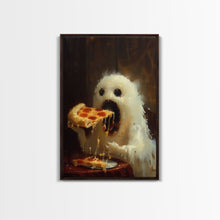 Load image into Gallery viewer, Cute Ghost Chompin on A Pizza, Ghostly Pizza Pirate, Framed Canvas Print, Funny Halloween Spooky Season Art

