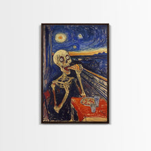 Load image into Gallery viewer, Spooky Skeleton Dude Eatin&#39; a Pizza, Starry Night Inspired Funny Halloween Art, Framed Canvas Print
