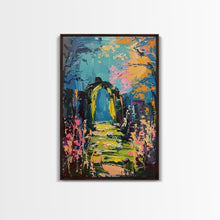 Load image into Gallery viewer, Enchanted Path Framed Canvas Print, Halloween Art, Spooky Garden, Haunted Walkway, Fall Decor Gothic Decor, Ghostly Archway, Eerie Landscape
