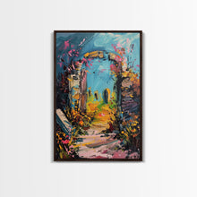 Load image into Gallery viewer, Ruined Archway Framed Canvas Print, Halloween Art, Haunted Garden, Spooky Ruins, Eerie Pathway, Fall Decor, Gothic Wall Art, Haunted Decor
