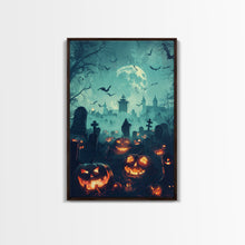 Cargar imagen en el visor de la galería, Bats and Jack-O-Lanterns Framed Canvas Print, Halloween Wall Art, Haunted Graveyard, Home Decor, Spooky Art, Living Room Decor, Gothic Art
