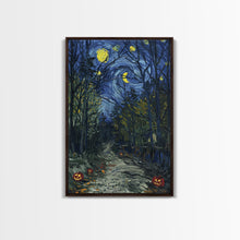Load image into Gallery viewer, Dark Forest Path with Pumpkins Framed Canvas Print, Halloween Wall Art, Starry Night Inspired, Home Decor, Spooky Art, Living Room Decor
