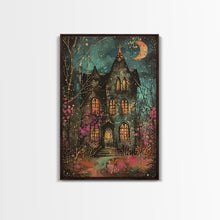 Load image into Gallery viewer, Enchanted Gothic House Framed Canvas Print, Halloween Wall Art, Spooky Art, Home Decor, Living Room Decor, Gothic Artwork, Haunted House
