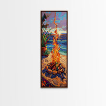 Load image into Gallery viewer, Abstract Canvas Painting of Campfire on Beach, Beachy Wall Art, Tall and Narrow Vertical Wall Art, Canvas Painting Printed and Framed
