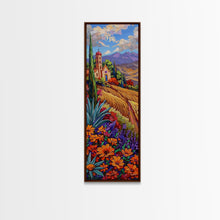 Load image into Gallery viewer, Framed and Printed Canvas Painting of Colorful Tuscan Countryside, Gouache Textured Canvas Painting, Botanical Wall Art Print, Skinny Art
