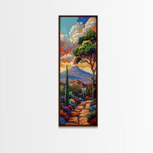 Load image into Gallery viewer, Colorful Textured Canvas Painting of Erupting Volcano Landscape, Tall and Narrow Vertical Art for Office, Mountain Wall Art Prints Framed
