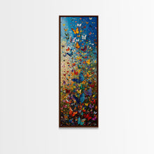 Carregar imagem no visualizador da galeria, Burst of Colorful Butterflies in a Floral Meadow, Skinny and Tall Art, Energetic Framed Canvas Print, Vibrant Wall Art
