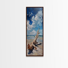 Carregar imagem no visualizador da galeria, Framed Canvas Print Tall Art Featuring a Piece of Driftwood on a Sandy Beach with Bright Blue Sky and Ocean Waves, Ideal Skinny Art for Coastal Homes
