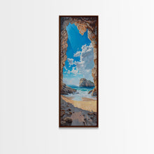 Carregar imagem no visualizador da galeria, Framed Canvas Print Skinny Art of a Sunlit Beach Scene Framed by Rocky Cliffs, Overlooking a Crystal Blue Sea Under a Clear Sky, Perfect Tall Coastal Art
