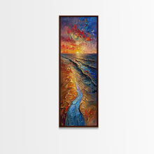 Carregar imagem no visualizador da galeria, Framed Canvas Print Skinny Art of a Vibrant Sunset Over a Rolling Ocean with Dramatic Colors in the Sky and Water, Ideal Tall Art for Modern Spaces
