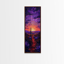 Cargar imagen en el visor de la galería, Colorful Sunset Over a Desert Landscape with a Saguaro Cactus and Dramatic Sky on a Framed Canvas Print Skinny Art Piece
