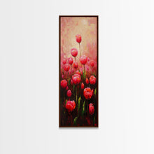 Load image into Gallery viewer, Vibrant Red Tulips in Bloom Against a Soft Pink Background on a Framed Canvas Print Skinny Art Piece
