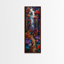 Carregar imagem no visualizador da galeria, Fantasy Forest Pathway with Giant Mushrooms as Tall Skinny Art Framed Canvas Print for Whimsical Wall Decor in Unique Spaces
