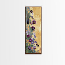 Load image into Gallery viewer, Deep Purple Pansy Flowers Against Textured Gold Background on Tall Vertical Canvas Print for Rich Floral Wall Decor
