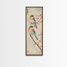 Load image into Gallery viewer, Pair of Birds on Snowy Branches, Japanese Art Framed Canvas Print, Tall and Skinny Wall Art in Ukiyo-e Style
