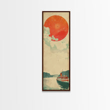 Load image into Gallery viewer, Large Red Sun Over River, Japanese Art Inspired by Ukiyo-e, Framed Canvas Print for Tall Skinny Wall Spaces
