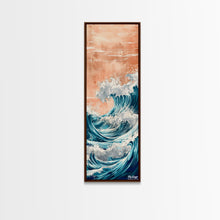 Load image into Gallery viewer, Majestic Wave, Peach Sky, Japanese Art, Skinny Art, Tall Art, Framed Canvas Print, Ukiyo-e Style
