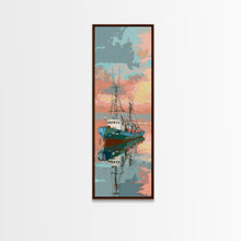 Cargar imagen en el visor de la galería, Fishing Boat, Calm Waters, Japanese Art, Skinny Art, Tall Art, Framed Canvas Print, Ukiyo-e Style
