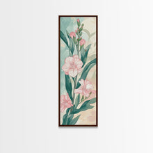 Load image into Gallery viewer, Skinny Art Pink Oleander Flowers In Japanese Style Wood Block Print Elegant Pastel Hues On Framed Canvas Print, Tall Art Ukiyo-e

