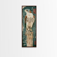 Load image into Gallery viewer, Majestic Hawk Perched On Weathered Stump Textured Background Skinny Art Tall Art Framed Canvas Print Japanese Style Art Ukiyo-e Art Wood Block Print
