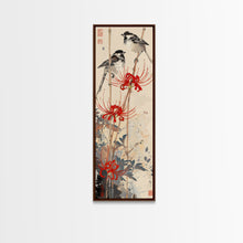 Load image into Gallery viewer, Blossoming Pink Flowers Bold Red Accents Skinny Art Tall Art Framed Canvas Print Japanese Style Art Ukiyo-e Art Wood Block Print Feminine
