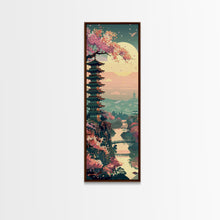 Load image into Gallery viewer, Japanese Pagoda Among Sakura Trees Under Yellow Moon Tall Art Skinny Art Framed Canvas Print Japanese Style Art Ukiyo-e Wood Block Print
