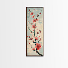 Load image into Gallery viewer, Peach Blossoms On Branch With Soft Pastel Background Tall Art Skinny Art Framed Canvas Print Japanese Style Art Ukiyo-e Wood Block Print
