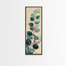 Load image into Gallery viewer, Delicate Green Leaves And Pink Buds On A Branch Against A Textured Background, Skinny Art Tall Wall Art Framed Canvas Print Japanese Style Art
