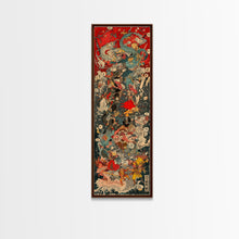 Cargar imagen en el visor de la galería, Complex Samurai Battle Scene With Mythical Creatures Framed Canvas Print Ukiyo-e Wall Art Wood Block Print Tall Art Japanese Style Skinny Art
