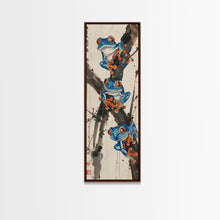 Load image into Gallery viewer, Three Blue Tree Frogs Branches Japanese Tall Wall Art Skinny Framed Canvas Print Ukiyo-e Style
