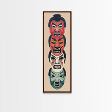 Load image into Gallery viewer, Bold Striking Japanese Kabuki Masks Vibrant Colors Depicted Traditional Style Tall Framed Canvas Print Cultural Home Decor
