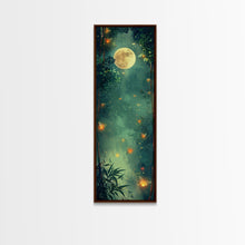 Load image into Gallery viewer, Enchanting Fireflies Illuminating Nighttime Forest Scene Under Full Moon Tall Framed Canvas Print Adding Magical Touch
