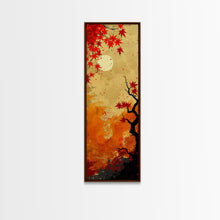 Load image into Gallery viewer, Dramatic Red Autumn Leaves Against Golden Sky Depicted Japanese Style Tall Framed Canvas Print Seasonal Wall Art
