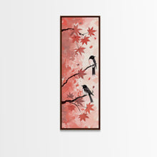 Load image into Gallery viewer, Red and Black Maple Leaves with Birds Perched on Branches Japanese Framed Canvas Print Ukiyo-e Art Skinny Tall Art
