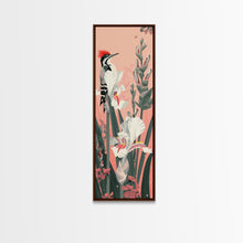 Load image into Gallery viewer, Woodpecker Perched on Stalks of Flowers against a Soft Pink Background Ukiyo-e Art Japanese Framed Canvas Print Skinny Tall Art
