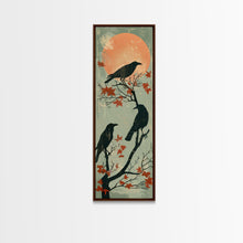 Carregar imagem no visualizador da galeria, Black Crows Japanese Art Skinny Wall Art Framed Canvas Print on Branches with Red Maple Leaves Against Warm Orange Sun
