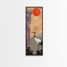 Load image into Gallery viewer, Japanese Crane Skinny Wall Art Framed Canvas Print in a Garden with Wisteria Flowers and Mount Fuji in the Background
