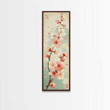 Cargar imagen en el visor de la galería, Cherry Blossom Japanese Art Skinny Wall Art Framed Canvas Print in Light Pastel Colors on Branch Against Subtle Green Background
