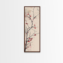 Cargar imagen en el visor de la galería, Minimalist Japanese Tree Branch With Red Berries, Ukiyo-e Woodblock Style Canvas, Framed Canvas Print, Japanese Tall Skinny Wall Art, Ready To Hang
