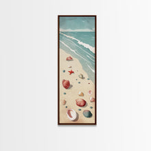 Load image into Gallery viewer, Japanese Style Art Featuring A Serene Beach Scene With Seashells And Gentle Waves, Skinny Art, Tall Art, Ukiyo-e Art, Framed Canvas Print, Wood Block Print
