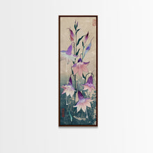 Load image into Gallery viewer, Tall Art Featuring Elegant Bellflowers In Soft Purples And Pinks Against A Muted Background, Skinny Art, Japanese Style Art, Ukiyo-e Art, Framed Canvas Print, Wood Block Print
