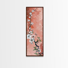 Load image into Gallery viewer, Skinny Art Tall Art Cherry Blossoms Wood Block Print Japanese Style Art With Delicate Branches On Soft Pink Background Framed Canvas Print
