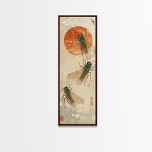 Load image into Gallery viewer, Detailed Depiction Of Cicadas Against Warm Sunset Background Ukiyo-e Skinny Tall Wood Block Framed Canvas Print Japanese Style Art

