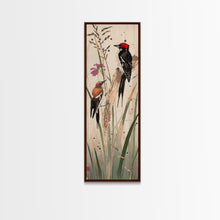 Load image into Gallery viewer, Detailed Woodpeckers Perched On Stems Amid Nature For Rustic Wall Art Ukiyo-e Japanese Style Art Skinny Framed Canvas Print
