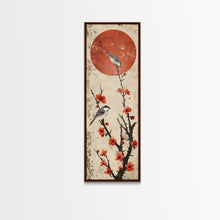 Load image into Gallery viewer, Delicate Birds Perched On Blooming Branch With Red Sun For Traditional Japanese Wall Art Decor Ukiyo-e Style Framed Canvas Print
