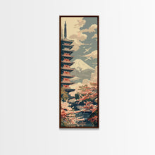 Load image into Gallery viewer, Japanese Pagoda With Mt Fuji And Cherry Blossoms – Framed Canvas Print Featuring Skinny Art Tall Art, Highlighting Ukiyo-E Art And Japanese Style Art
