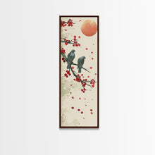 Load image into Gallery viewer, Two Pigeons On Branch With Red Leaves Skinny Art Wood Block Print Japanese Style Art Framed Canvas Print Tall Art Ukiyo-e Art
