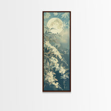 Load image into Gallery viewer, Delicate White Flowers and Full Moon in a Tranquil Night Setting - Skinny Art, Japanese Wall Decor, Framed Canvas Print, Ukiyo-e Style
