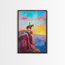 Load image into Gallery viewer, Cowboy on Cliff Edge at Sunrise - Colorful Western Landscape Painting, Framed Canvas Print, Sunrise Wall Art, Living Room Decor
